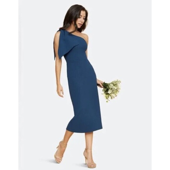 DRESS THE POPULATION Tiffany One-Shoulder Midi Dress Peacock Blue Plus Size XXL - Picture 3 of 14